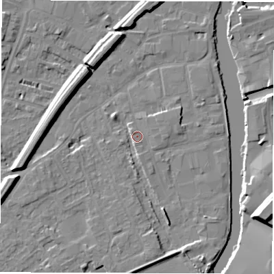 Shaded relief map of the ground around WF15QU, computed from Environment Agency LiDAR. The ground here sits at about 25 m above sea level and falls 17 m across the surrounding 800 m. Surface water reaching this point runs off ground lying to the south-south-east, 3.8 m higher.