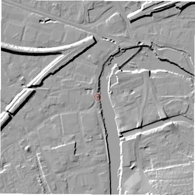 Shaded relief map of the ground around WF15QW, computed from Environment Agency LiDAR. The ground here sits at about 24 m above sea level and falls 14 m across the surrounding 800 m. Surface water reaching this point runs off ground lying to the south-south-west, 3.9 m higher.