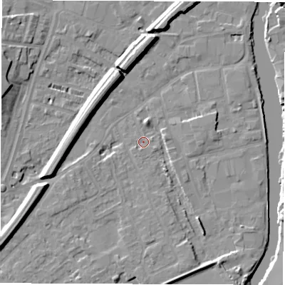 Shaded relief map of the ground around WF15QX, computed from Environment Agency LiDAR. The ground here sits at about 24 m above sea level and falls 11 m across the surrounding 800 m. Surface water reaching this point runs off ground lying to the south-east, 3.8 m higher.