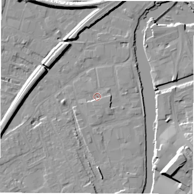 Shaded relief map of the ground around WF15QY, computed from Environment Agency LiDAR. The ground here sits at about 24 m above sea level and falls 17 m across the surrounding 800 m. Surface water reaching this point runs off ground lying to the south-east, 1.8 m higher.