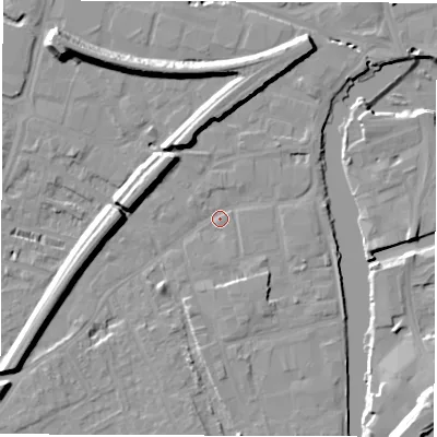 Shaded relief map of the ground around WF15QZ, computed from Environment Agency LiDAR. The ground here sits at about 24 m above sea level and falls 17 m across the surrounding 800 m. Surface water reaching this point runs off ground lying to the north-west, 12.4 m higher.