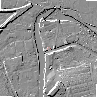 Shaded relief map of the ground around WF15RD, computed from Environment Agency LiDAR. The ground here sits at about 24 m above sea level and falls 17 m across the surrounding 800 m. Surface water reaching this point runs off ground lying to the south-west, 1.6 m higher.