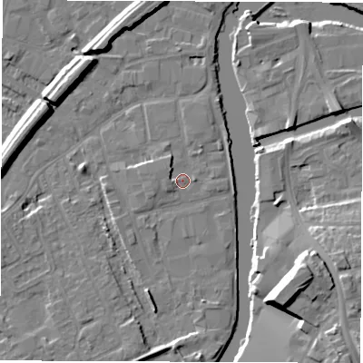 Shaded relief map of the ground around WF15RE, computed from Environment Agency LiDAR. The ground here sits at about 24 m above sea level and falls 17 m across the surrounding 800 m. Surface water reaching this point runs off ground lying to the north-west, 2.1 m higher.