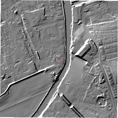 Shaded relief map of the ground around WF15RF, computed from Environment Agency LiDAR. The ground here sits at about 24 m above sea level and falls 14 m across the surrounding 800 m. Surface water reaching this point runs off ground lying to the west, 0.8 m higher.