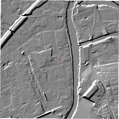 Shaded relief map of the ground around WF15RG, computed from Environment Agency LiDAR. The ground here sits at about 24 m above sea level and falls 17 m across the surrounding 800 m. Surface water reaching this point runs off ground lying to the north-west, 2.2 m higher.