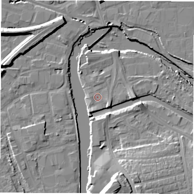 Shaded relief map of the ground around WF15RH, computed from Environment Agency LiDAR. The ground here sits at about 24 m above sea level and falls 17 m across the surrounding 800 m. Surface water reaching this point runs off ground lying to the south-south-west, 1.6 m higher.