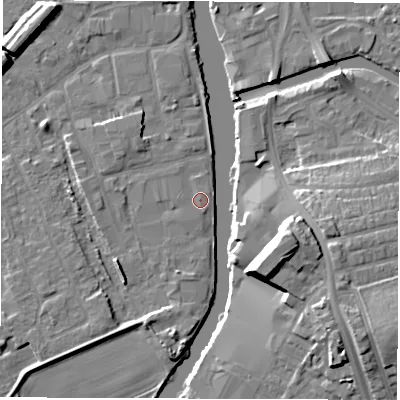 Shaded relief map of the ground around WF15RL, computed from Environment Agency LiDAR. The ground here sits at about 24 m above sea level and falls 14 m across the surrounding 800 m. Surface water reaching this point runs off ground lying to the west, 0.6 m higher.