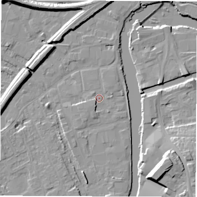 Shaded relief map of the ground around WF15RN, computed from Environment Agency LiDAR. The ground here sits at about 24 m above sea level and falls 17 m across the surrounding 800 m. Surface water reaching this point runs off ground lying to the south-south-west, 2.1 m higher.