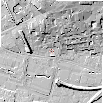Shaded relief map of the ground around WF15RQ, computed from Environment Agency LiDAR. The ground here sits at about 27 m above sea level and falls 29 m across the surrounding 800 m. Surface water reaching this point runs off ground lying to the north-north-east, 5.0 m higher.