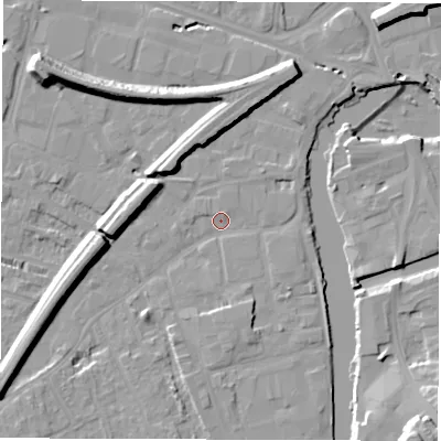 Shaded relief map of the ground around WF15RR, computed from Environment Agency LiDAR. The ground here sits at about 23 m above sea level and falls 16 m across the surrounding 800 m. Surface water reaching this point runs off ground lying to the west-north-west, 7.5 m higher.