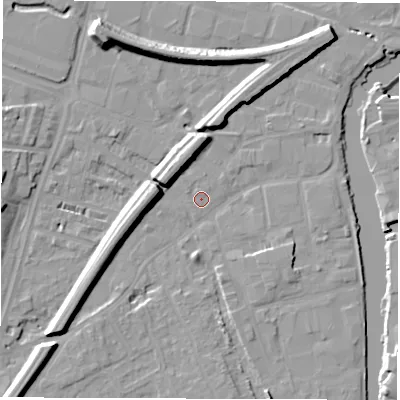 Shaded relief map of the ground around WF15RS, computed from Environment Agency LiDAR. The ground here sits at about 24 m above sea level and falls 15 m across the surrounding 800 m. Surface water reaching this point runs off ground lying to the north-north-west, 12.4 m higher.