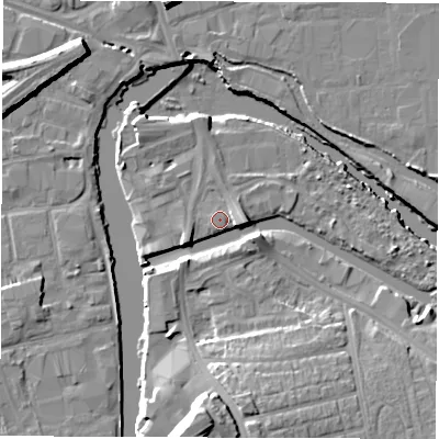 Shaded relief map of the ground around WF15RT, computed from Environment Agency LiDAR. The ground here sits at about 24 m above sea level and falls 17 m across the surrounding 800 m. Surface water reaching this point runs off ground lying to the south-west, 4.0 m higher.