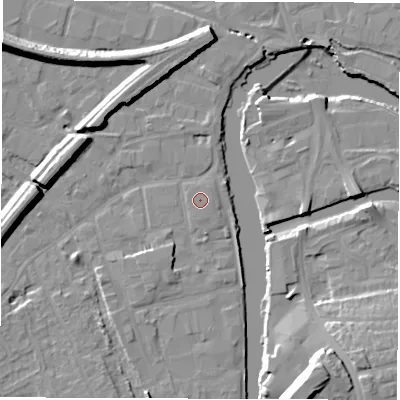 Shaded relief map of the ground around WF15RW, computed from Environment Agency LiDAR. The ground here sits at about 24 m above sea level and falls 17 m across the surrounding 800 m. The ground contributing surface water to this point lies to the south.
