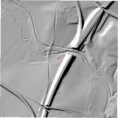 Shaded relief map of the ground around WF15RX, computed from Environment Agency LiDAR. The ground here sits at about 26 m above sea level and falls 23 m across the surrounding 800 m. Surface water reaching this point runs off ground lying to the south-south-west, 21.1 m higher.
