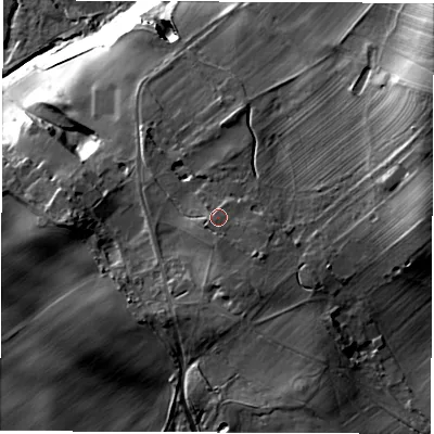 Shaded relief map of the ground around WF15SL, computed from Environment Agency LiDAR. The ground here sits at about 51 m above sea level and falls 42 m across the surrounding 800 m. Surface water reaching this point runs off ground lying to the south-east, 1.8 m higher.