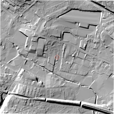 Shaded relief map of the ground around WF160ER, computed from Environment Agency LiDAR. The ground here sits at about 58 m above sea level and falls 33 m across the surrounding 800 m. Surface water reaching this point runs off ground lying to the north-west, 9.7 m higher.