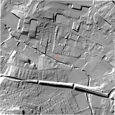 Shaded relief map of the ground around WF160ET, computed from Environment Agency LiDAR. The ground here sits at about 56 m above sea level and falls 39 m across the surrounding 800 m. Surface water reaching this point runs off ground lying to the west-south-west, 18.6 m higher.