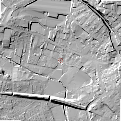 Shaded relief map of the ground around WF160HH, computed from Environment Agency LiDAR. The ground here sits at about 57 m above sea level and falls 42 m across the surrounding 800 m. Surface water reaching this point runs off ground lying to the north-east, 23.3 m higher.