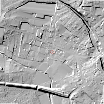 Shaded relief map of the ground around WF160HL, computed from Environment Agency LiDAR. The ground here sits at about 59 m above sea level and falls 43 m across the surrounding 800 m. Surface water reaching this point runs off ground lying to the east-north-east, 3.8 m higher.
