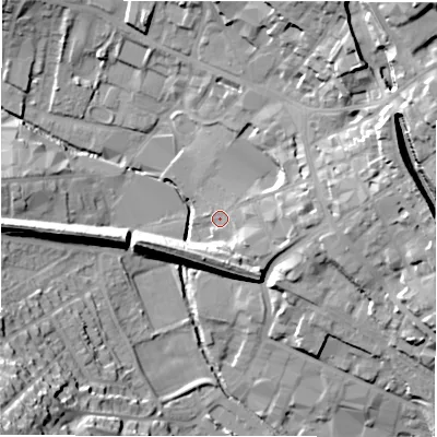 Shaded relief map of the ground around WF160JZ, computed from Environment Agency LiDAR. The ground here sits at about 57 m above sea level and falls 34 m across the surrounding 800 m. Surface water reaching this point runs off ground lying to the east, 16.0 m higher.