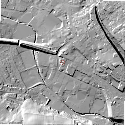 Shaded relief map of the ground around WF160NF, computed from Environment Agency LiDAR. The ground here sits at about 60 m above sea level and falls 44 m across the surrounding 800 m. Surface water reaching this point runs off ground lying to the north-north-west, 5.9 m higher.