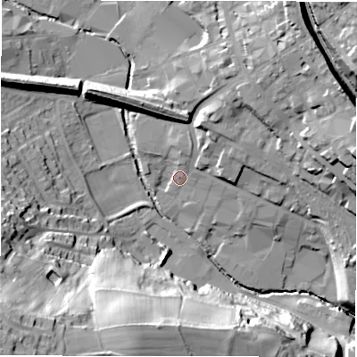 Shaded relief map of the ground around WF160NG, computed from Environment Agency LiDAR. The ground here sits at about 55 m above sea level and falls 49 m across the surrounding 800 m. Surface water reaching this point runs off ground lying to the north-east, 21.0 m higher.