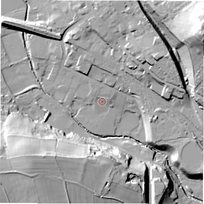 Shaded relief map of the ground around WF160NQ, computed from Environment Agency LiDAR. The ground here sits at about 54 m above sea level and falls 64 m across the surrounding 800 m. Surface water reaching this point runs off ground lying to the north, 3.8 m higher.