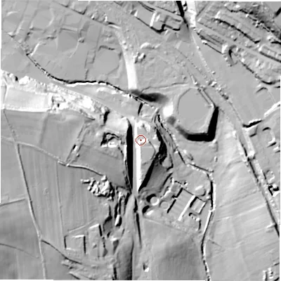 Shaded relief map of the ground around WF160PN, computed from Environment Agency LiDAR. The ground here sits at about 63 m above sea level and falls 60 m across the surrounding 800 m. Surface water reaching this point runs off ground lying to the west, 17.6 m higher.