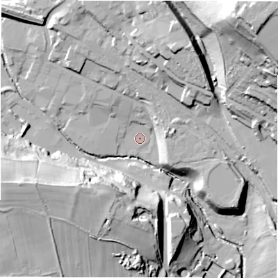 Shaded relief map of the ground around WF160PS, computed from Environment Agency LiDAR. The ground here sits at about 52 m above sea level and falls 66 m across the surrounding 800 m. Surface water reaching this point runs off ground lying to the north, 9.5 m higher.