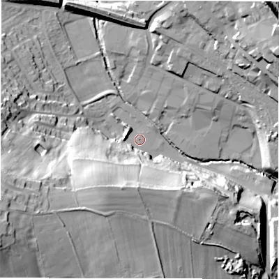 Shaded relief map of the ground around WF160PX, computed from Environment Agency LiDAR. The ground here sits at about 53 m above sea level and falls 49 m across the surrounding 800 m. Surface water reaching this point runs off ground lying to the west-south-west, 44.5 m higher.