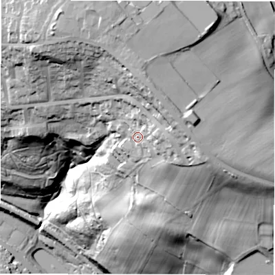 Shaded relief map of the ground around WF170AS, computed from Environment Agency LiDAR. The ground here sits at about 129 m above sea level and falls 74 m across the surrounding 800 m. Surface water reaching this point runs off ground lying to the east-north-east, 6.5 m higher.