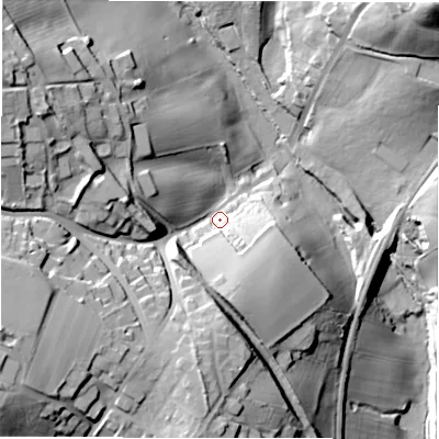 Shaded relief map of the ground around WF170BA, computed from Environment Agency LiDAR. The ground here sits at about 82 m above sea level and falls 56 m across the surrounding 800 m. Surface water reaching this point runs off ground lying to the west-south-west, 31.7 m higher.