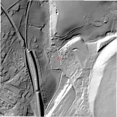 Shaded relief map of the ground around WF170PS, computed from Environment Agency LiDAR. The ground here sits at about 62 m above sea level and falls 67 m across the surrounding 800 m. Surface water reaching this point runs off ground lying to the east, 57.1 m higher.