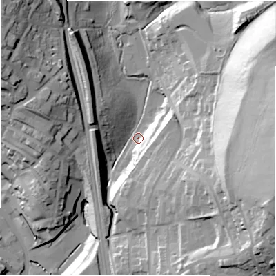 Shaded relief map of the ground around WF170PY, computed from Environment Agency LiDAR. The ground here sits at about 59 m above sea level and falls 72 m across the surrounding 800 m. Surface water reaching this point runs off ground lying to the east-south-east, 65.6 m higher.