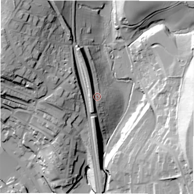 Shaded relief map of the ground around WF170QA, computed from Environment Agency LiDAR. The ground here sits at about 73 m above sea level and falls 53 m across the surrounding 800 m. Surface water reaching this point runs off ground lying to the north-west, 6.9 m higher.
