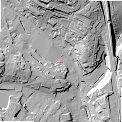 Shaded relief map of the ground around WF175HQ, computed from Environment Agency LiDAR. The ground here sits at about 56 m above sea level and falls 45 m across the surrounding 800 m. Surface water reaching this point runs off ground lying to the south-west, 11.2 m higher.