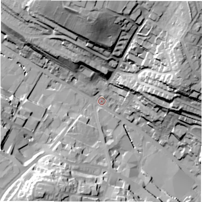 Shaded relief map of the ground around WF175JX, computed from Environment Agency LiDAR. The ground here sits at about 59 m above sea level and falls 57 m across the surrounding 800 m. Surface water reaching this point runs off ground lying to the north-north-west, 53.1 m higher.
