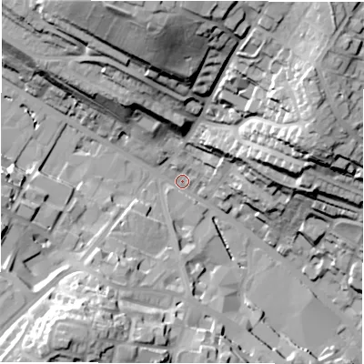 Shaded relief map of the ground around WF175JY, computed from Environment Agency LiDAR. The ground here sits at about 59 m above sea level and falls 56 m across the surrounding 800 m. Surface water reaching this point runs off ground lying to the north-north-west, 52.2 m higher.