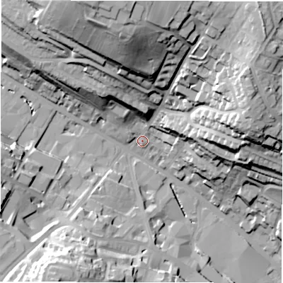 Shaded relief map of the ground around WF175JZ, computed from Environment Agency LiDAR. The ground here sits at about 61 m above sea level and falls 58 m across the surrounding 800 m. Surface water reaching this point runs off ground lying to the north, 51.0 m higher.