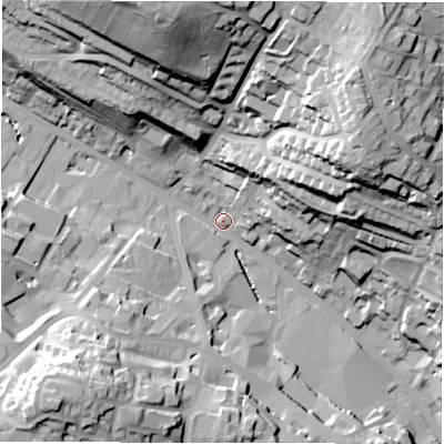 Shaded relief map of the ground around WF175LE, computed from Environment Agency LiDAR. The ground here sits at about 59 m above sea level and falls 56 m across the surrounding 800 m. Surface water reaching this point runs off ground lying to the north-north-west, 51.4 m higher.