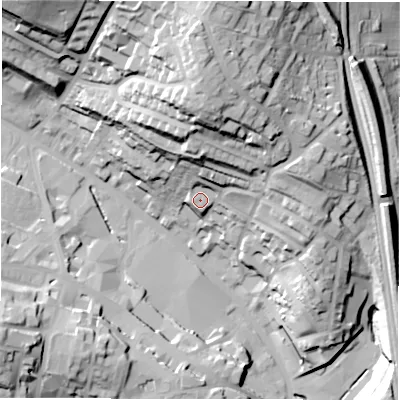 Shaded relief map of the ground around WF175LP, computed from Environment Agency LiDAR. The ground here sits at about 67 m above sea level and falls 53 m across the surrounding 800 m. Surface water reaching this point runs off ground lying to the north, 19.9 m higher.