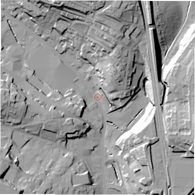 Shaded relief map of the ground around WF175LS, computed from Environment Agency LiDAR. The ground here sits at about 54 m above sea level and falls 40 m across the surrounding 800 m. Surface water reaching this point runs off ground lying to the north, 35.7 m higher.