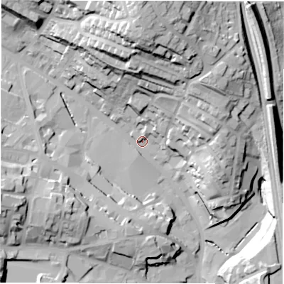 Shaded relief map of the ground around WF175LW, computed from Environment Agency LiDAR. The ground here sits at about 56 m above sea level and falls 53 m across the surrounding 800 m. Surface water reaching this point runs off ground lying to the north, 47.6 m higher.