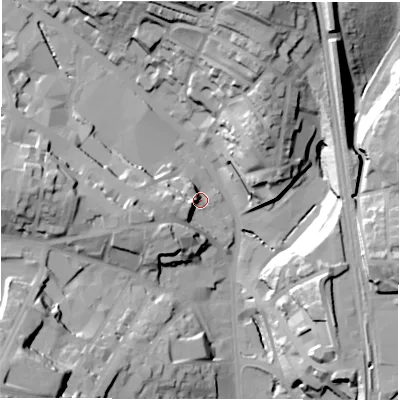 Shaded relief map of the ground around WF175LY, computed from Environment Agency LiDAR. The ground here sits at about 56 m above sea level and falls 39 m across the surrounding 800 m. Surface water reaching this point runs off ground lying to the west-south-west, 10.2 m higher.