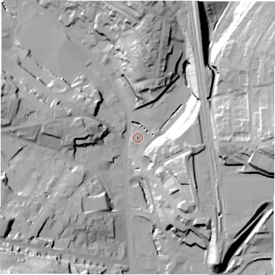 Shaded relief map of the ground around WF175LZ, computed from Environment Agency LiDAR. The ground here sits at about 54 m above sea level and falls 52 m across the surrounding 800 m. Surface water reaching this point runs off ground lying to the north, 31.2 m higher.