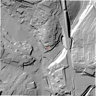 Shaded relief map of the ground around WF175ND, computed from Environment Agency LiDAR. The ground here sits at about 62 m above sea level and falls 43 m across the surrounding 800 m. Surface water reaching this point runs off ground lying to the north-north-east, 8.2 m higher.
