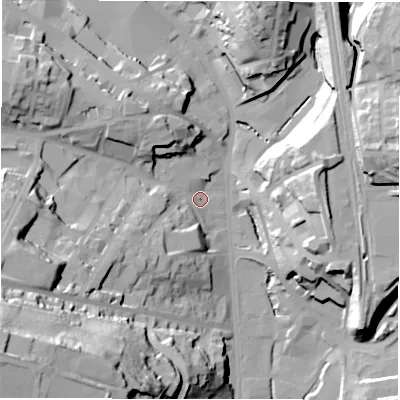 Shaded relief map of the ground around WF175PG, computed from Environment Agency LiDAR. The ground here sits at about 54 m above sea level and falls 56 m across the surrounding 800 m. Surface water reaching this point runs off ground lying to the south-west, 50.5 m higher.