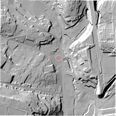 Shaded relief map of the ground around WF175PH, computed from Environment Agency LiDAR. The ground here sits at about 53 m above sea level and falls 54 m across the surrounding 800 m. Surface water reaching this point runs off ground lying to the south-west, 50.6 m higher.