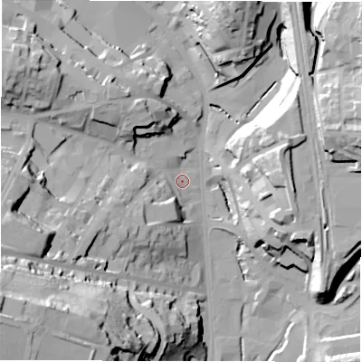 Shaded relief map of the ground around WF175PL, computed from Environment Agency LiDAR. The ground here sits at about 53 m above sea level and falls 55 m across the surrounding 800 m. Surface water reaching this point runs off ground lying to the west-south-west, 17.2 m higher.