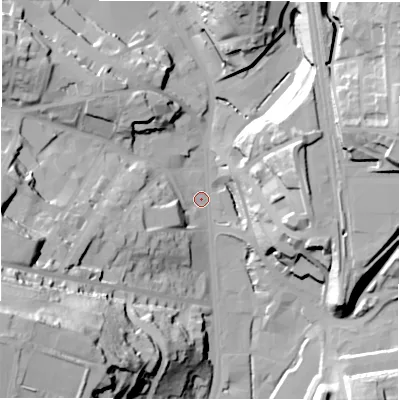 Shaded relief map of the ground around WF175PN, computed from Environment Agency LiDAR. The ground here sits at about 52 m above sea level and falls 54 m across the surrounding 800 m. Surface water reaching this point runs off ground lying to the west-south-west, 50.6 m higher.